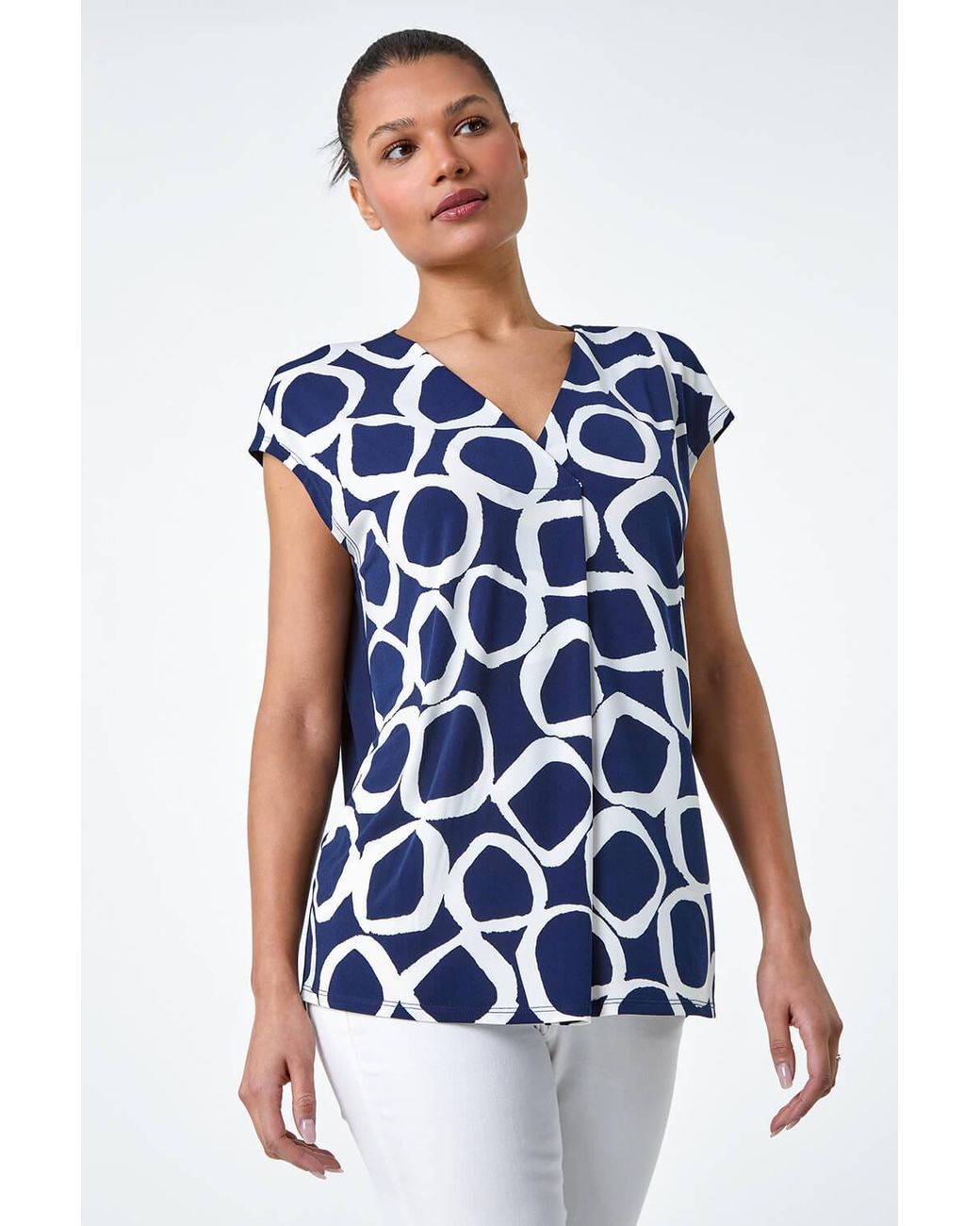 Roman Blue Circle Ring Print V-Neck Stretch Top