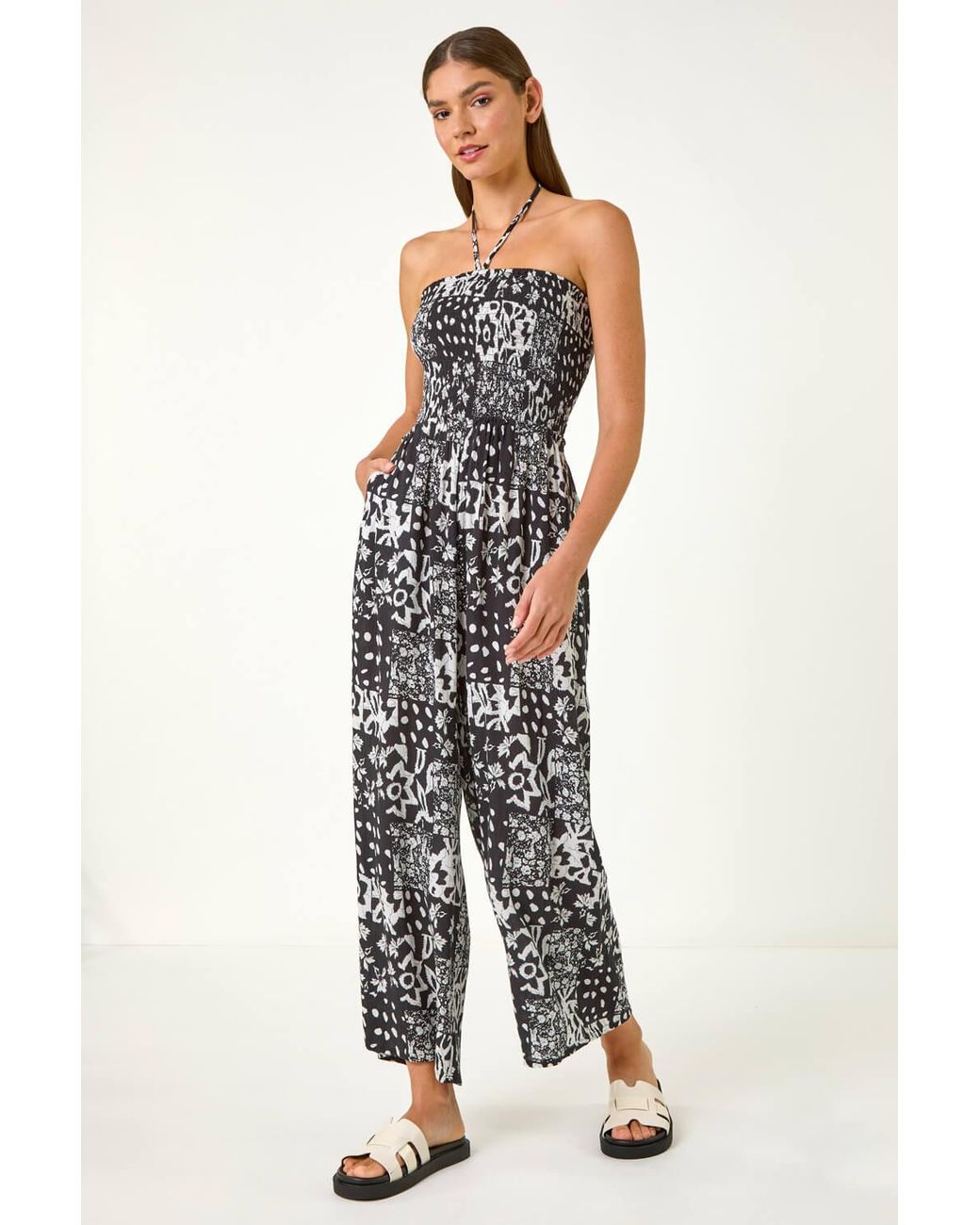 Roman Black Abstract Print Shirred Bandeau Jumpsuit