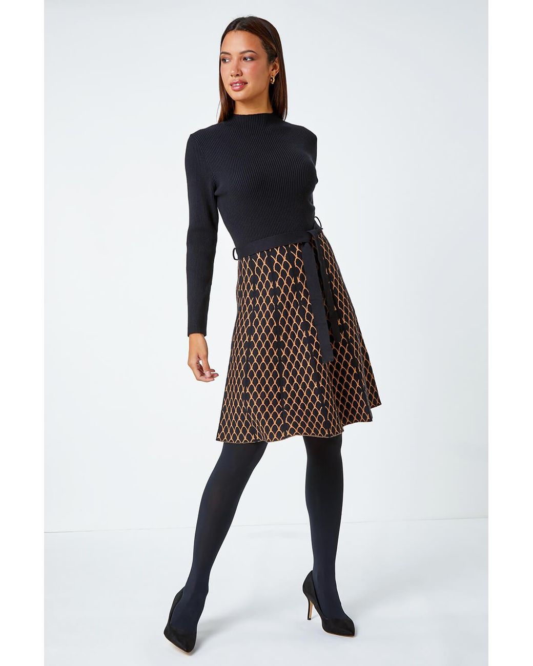Roman Black Contrast Skirt Ribbed Jumper Dress