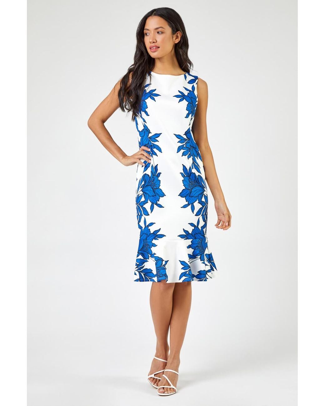 Roman Blue Floral Border Print Frill Stretch Dress