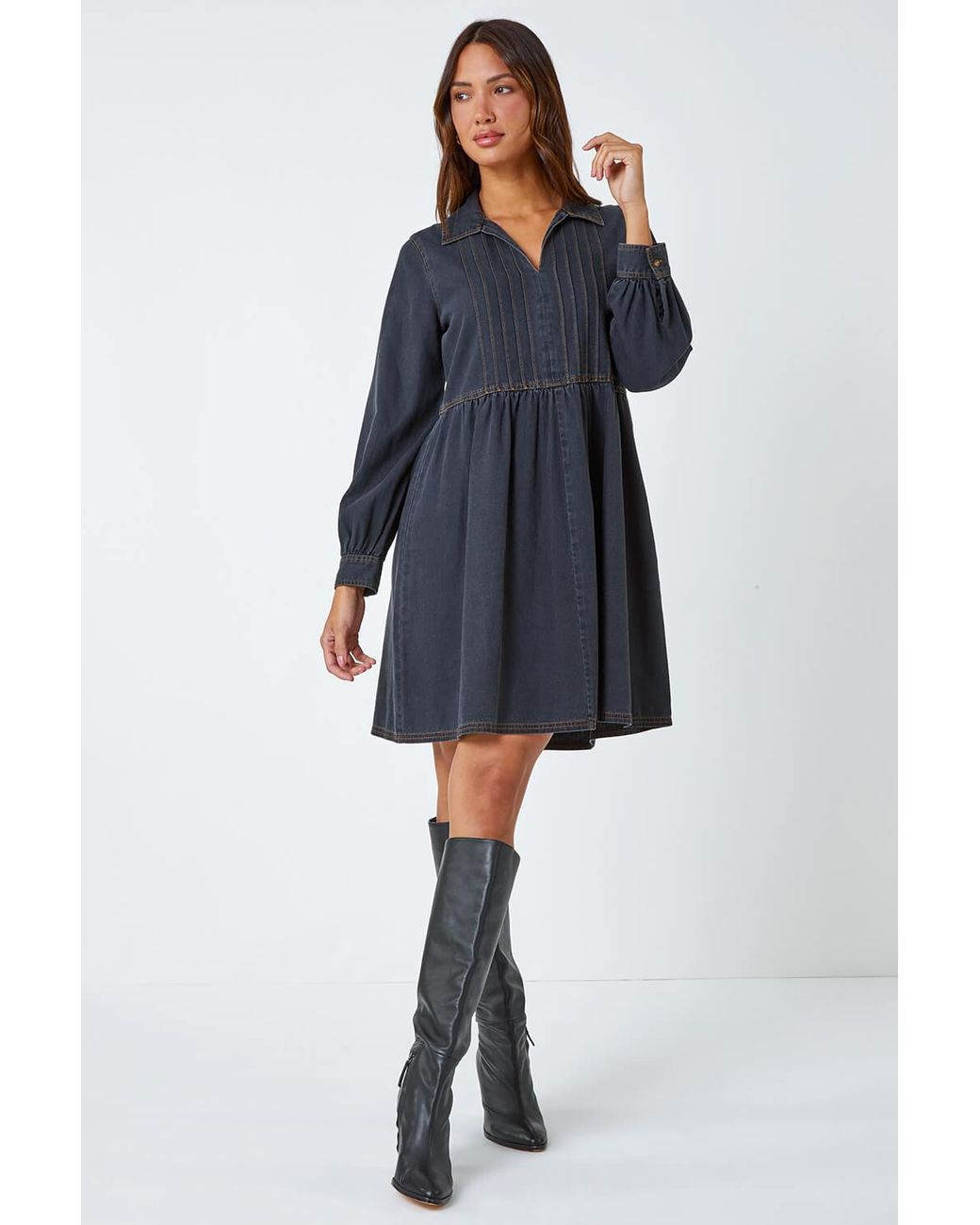 Roman Blue Cotton Blend Denim Shirt Dress