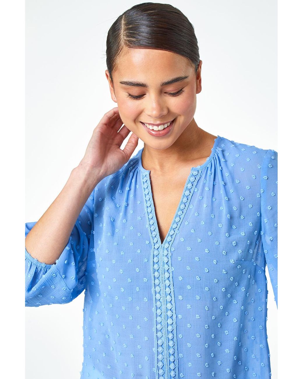 Roman Petite Blue Textured Spot Print V-Neck Top