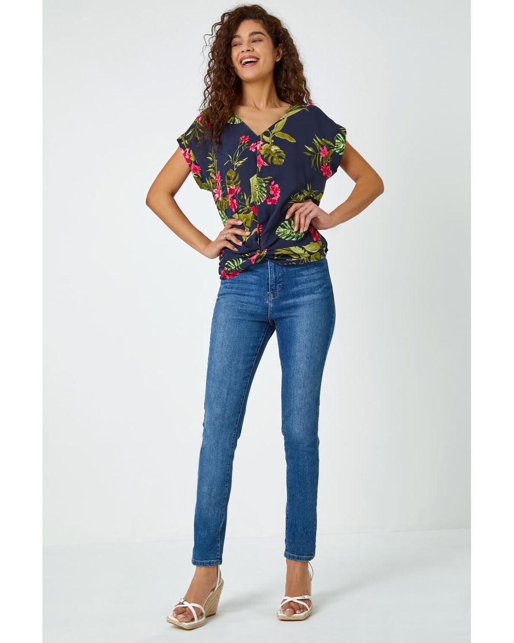 Roman Blue Floral Palm Print V-Neck Twist Top