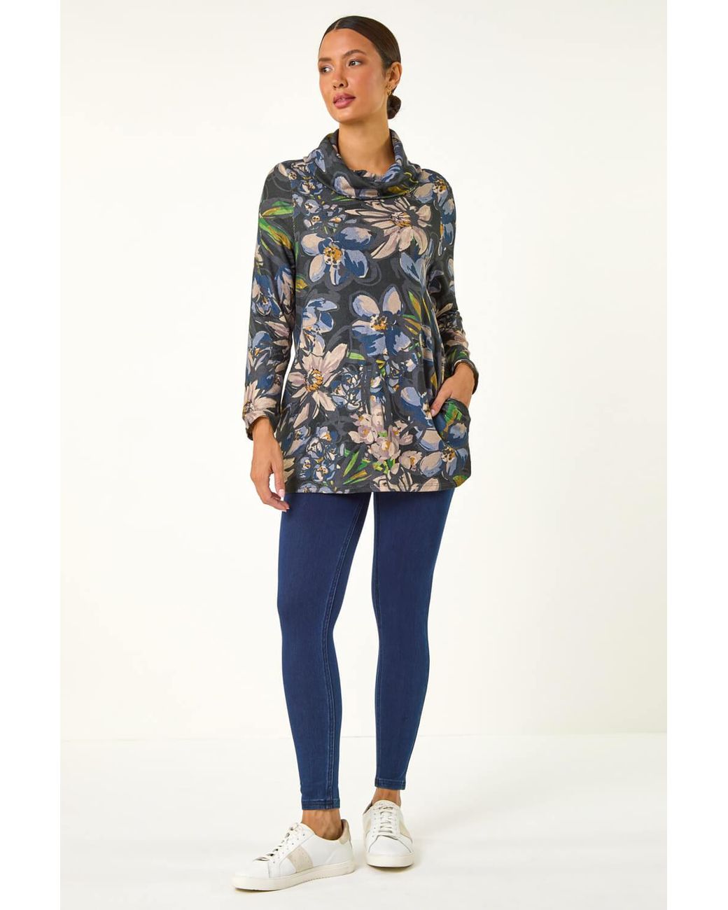 Roman Blue Floral Roll Neck Pocket Top