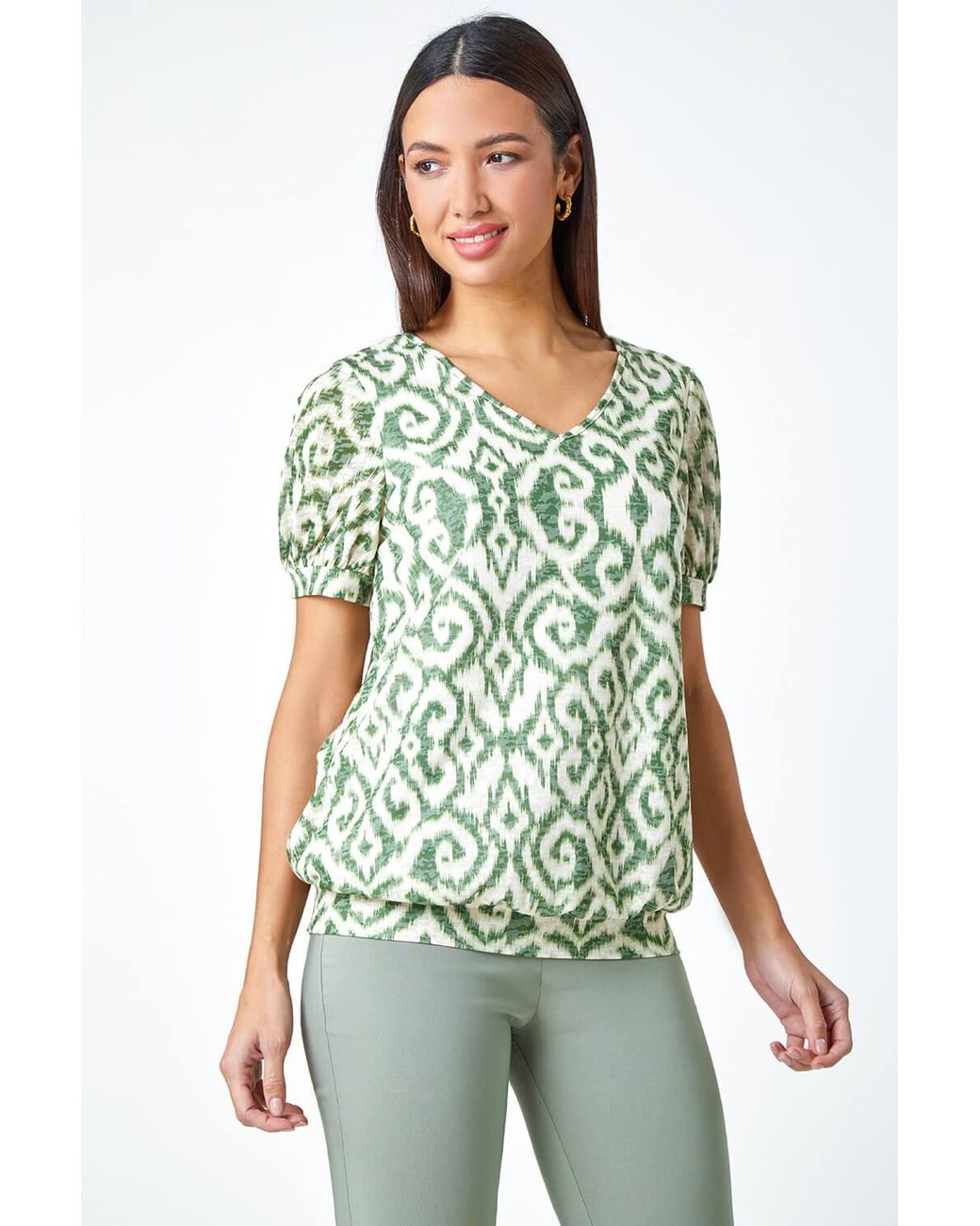 Roman Green Aztec Print V-Neck Blouson Hem Top