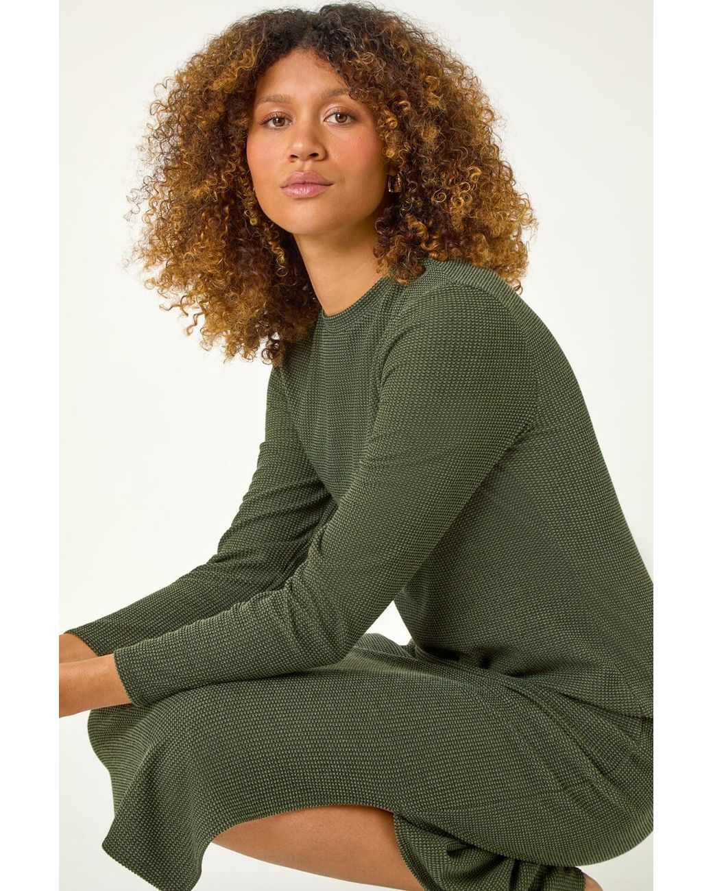 Roman Green Textured A-Line Knitted Jumper Dress