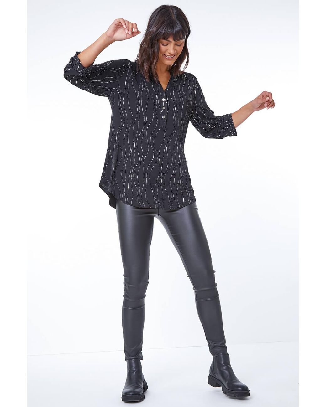 Roman Blue Embellished Notch Neck Stretch Tunic Top
