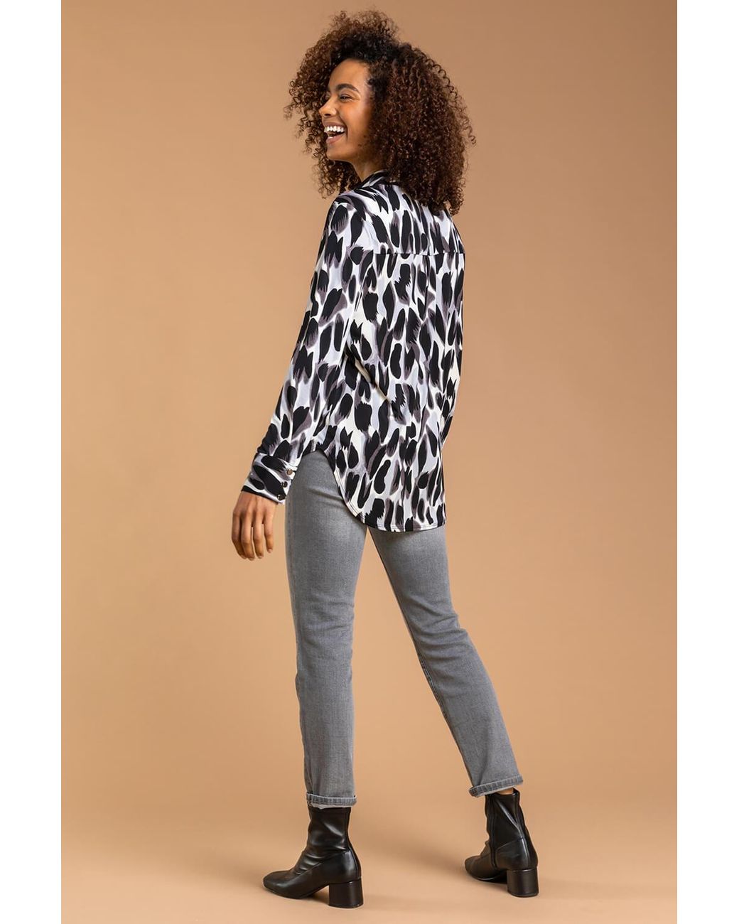 Roman Black Animal Print Long Sleeve Collared Jersey Blouse