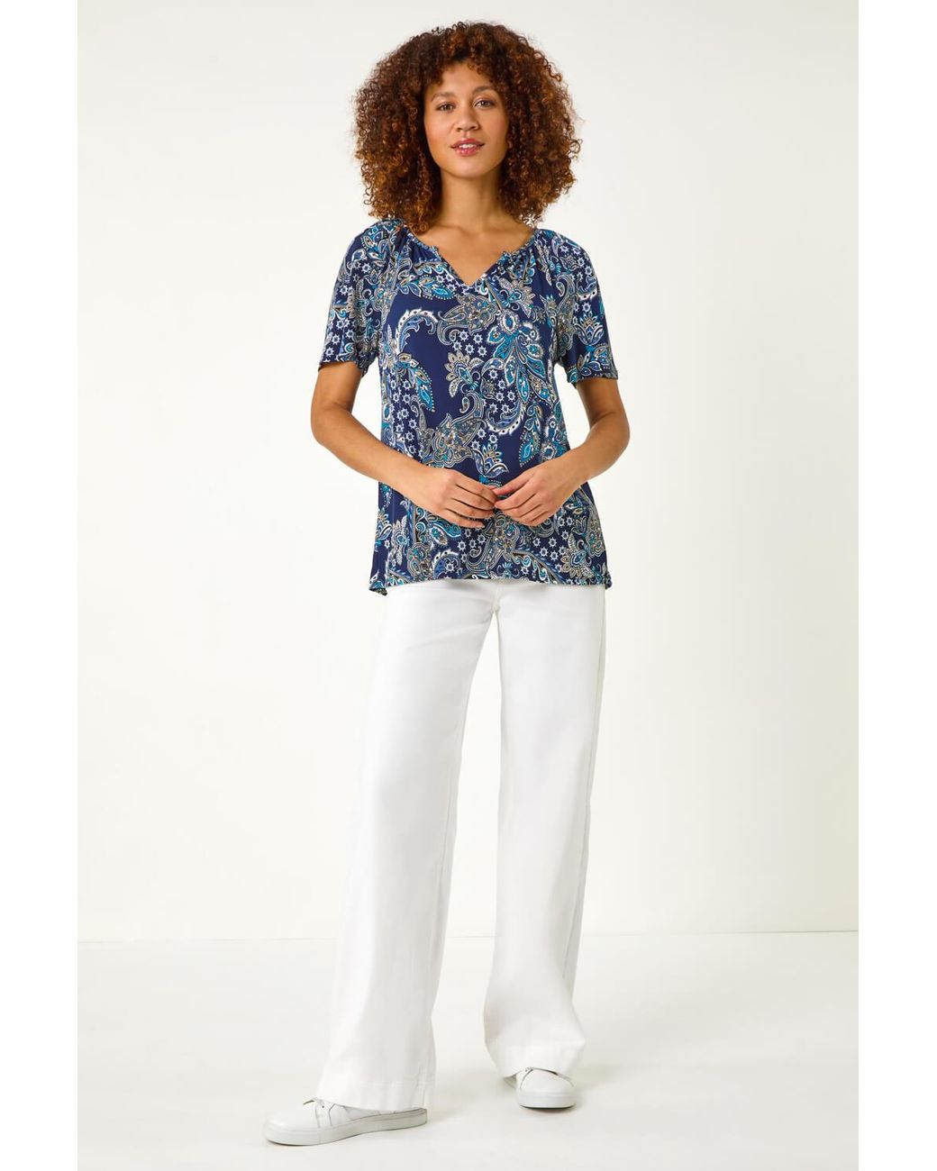 Roman Blue Paisley Print Gathered Stretch Top