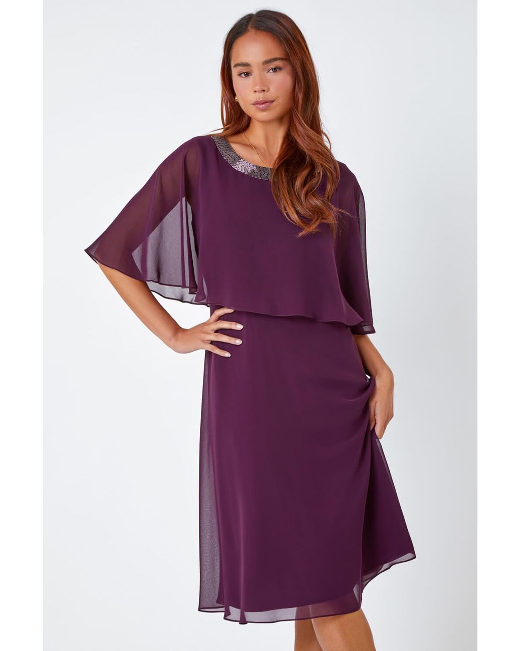 Roman Petite Purple Sparkle Chiffon Cape Dress