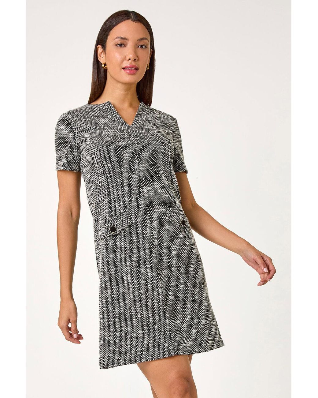 Roman Gray Textured Pocket Detail Stretch Dress