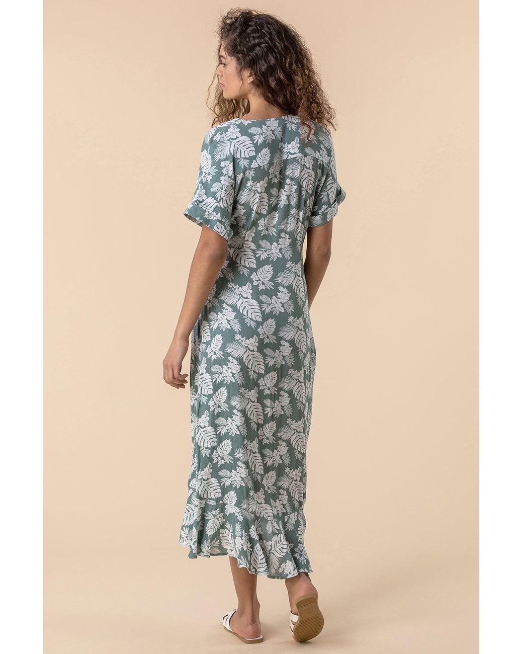 Roman Blue Leaf Print Wrap Midi Dress