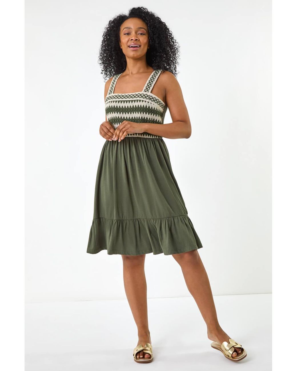 Roman Petite Green Crochet Trim Strap Dress