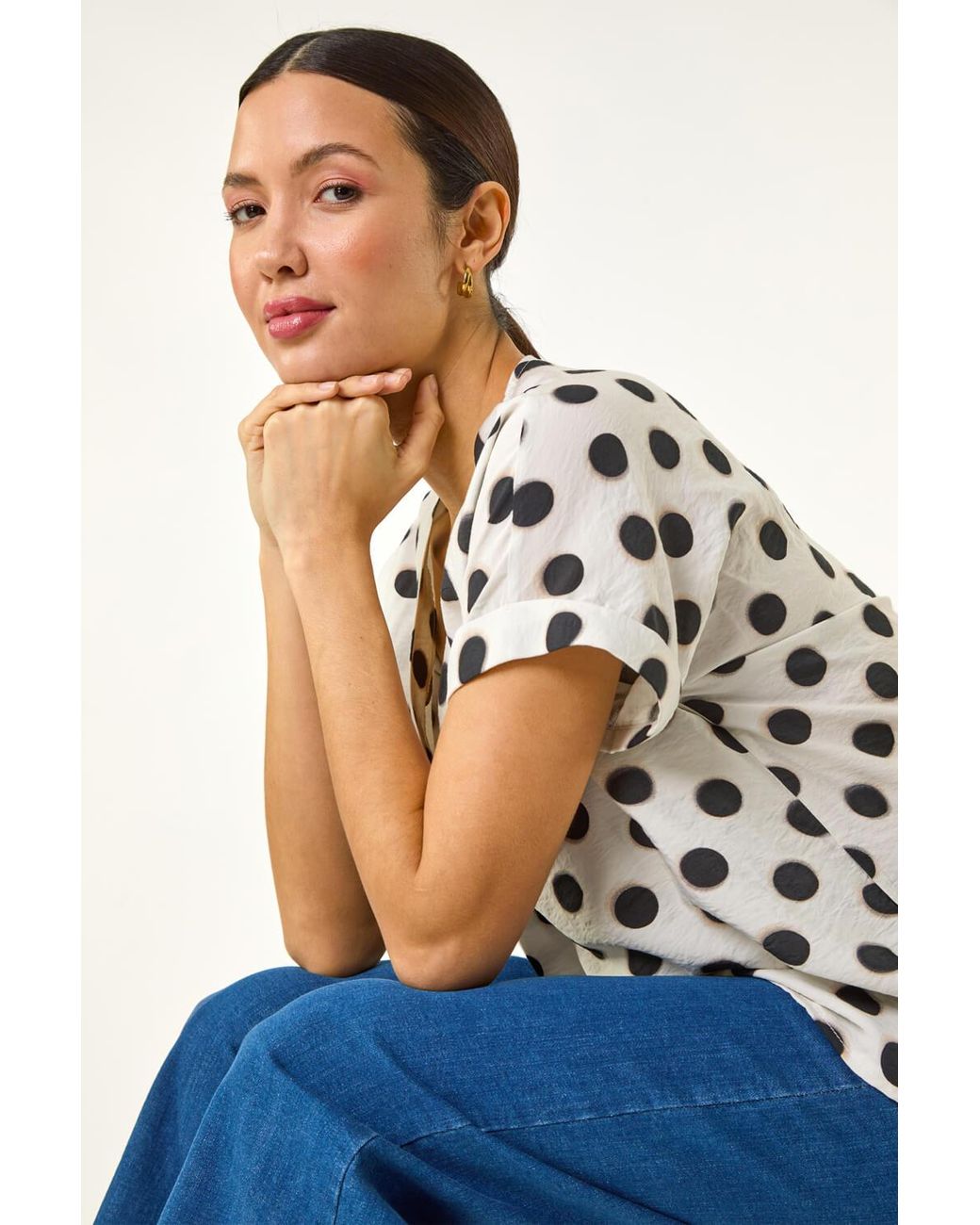Roman Blue Spotted Pleat Front V-Neck Top