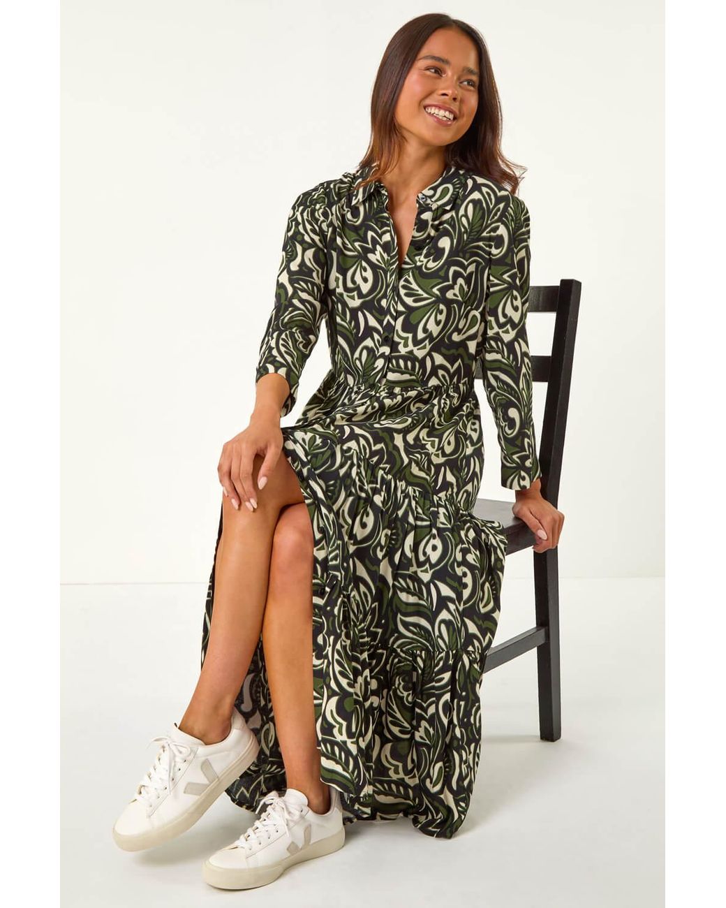 Roman Petite Green Floral Button Tiered Midi Dress