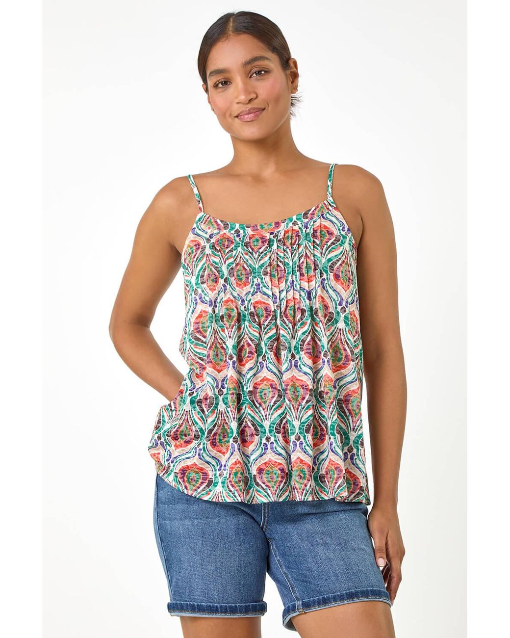 Roman Blue Abstract Print Pleat Front Cami Top