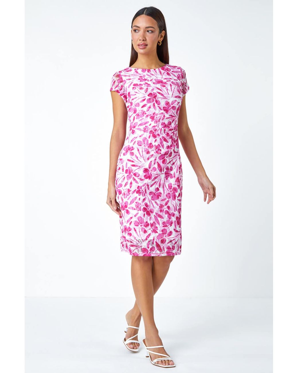 Roman Pink Floral Lace Gathered Stretch Bodycon Dress