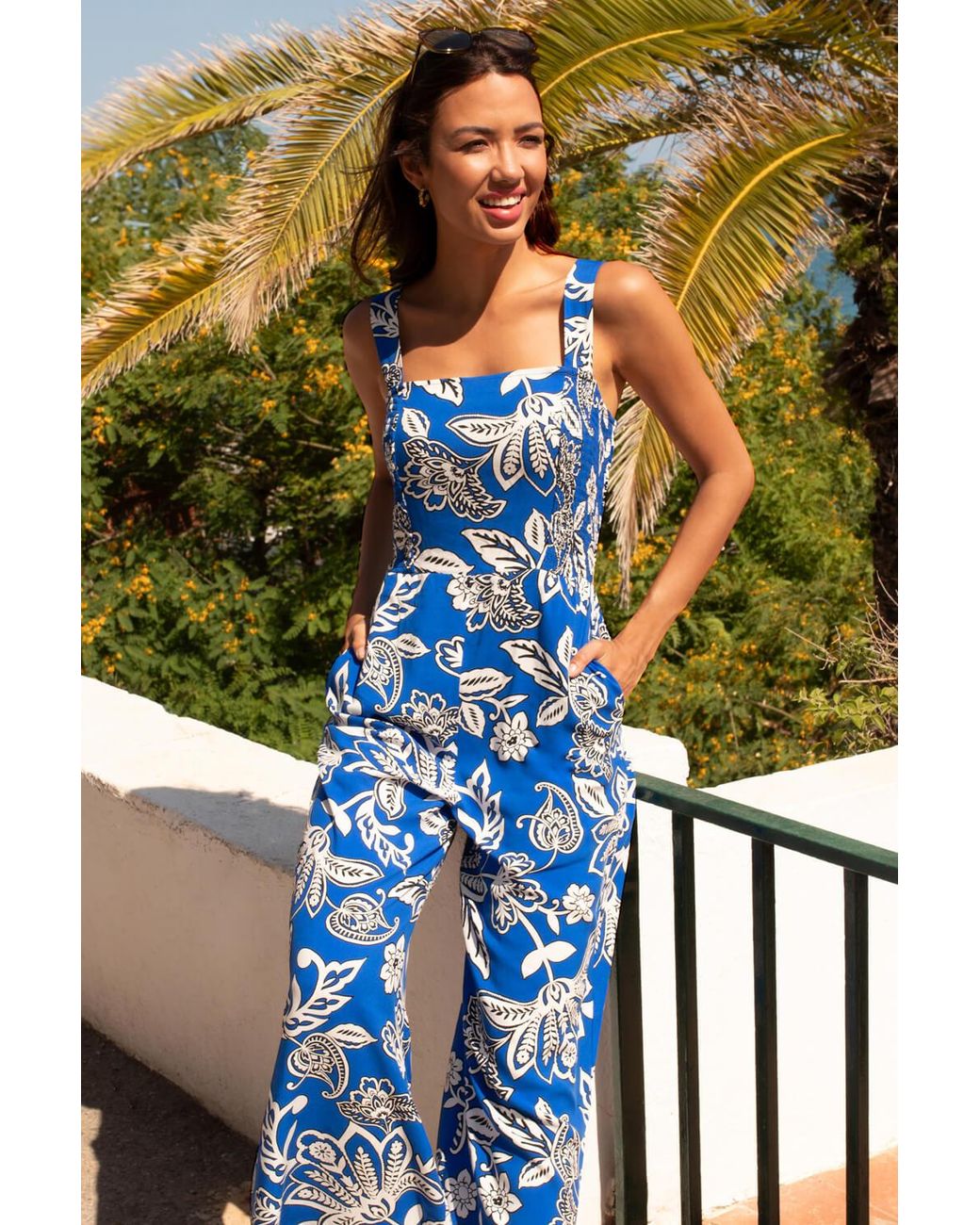 Roman Blue Floral Print Stretch Shirred Jumpsuit