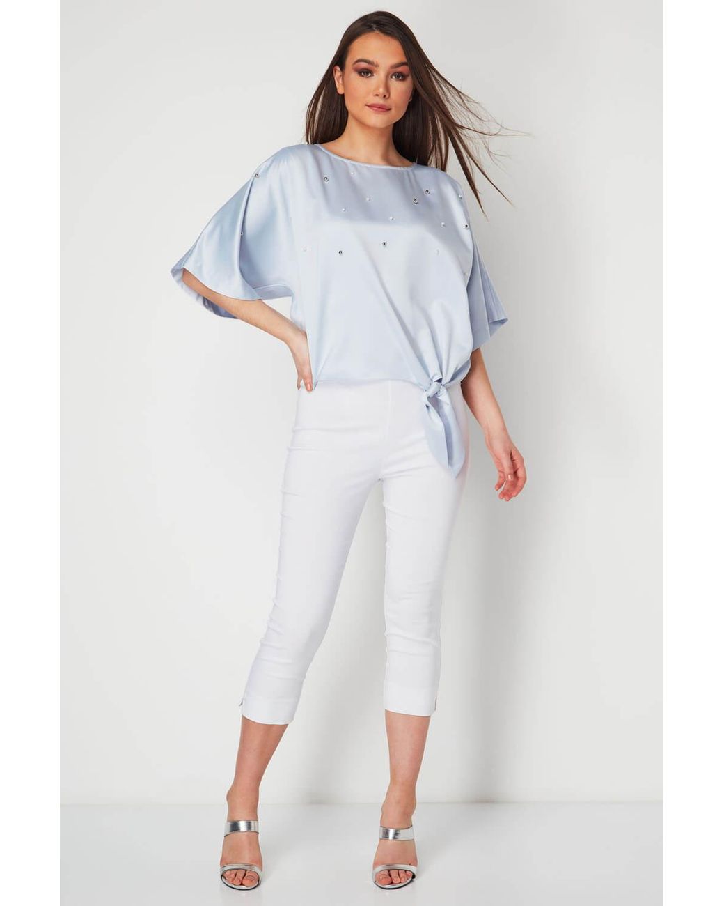 Roman Blue Pearl Trim Tie Front Top