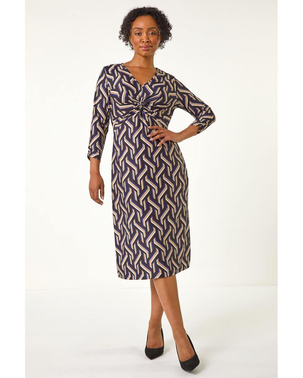 Roman Petite White Geo Print Twist Front Midi Dress