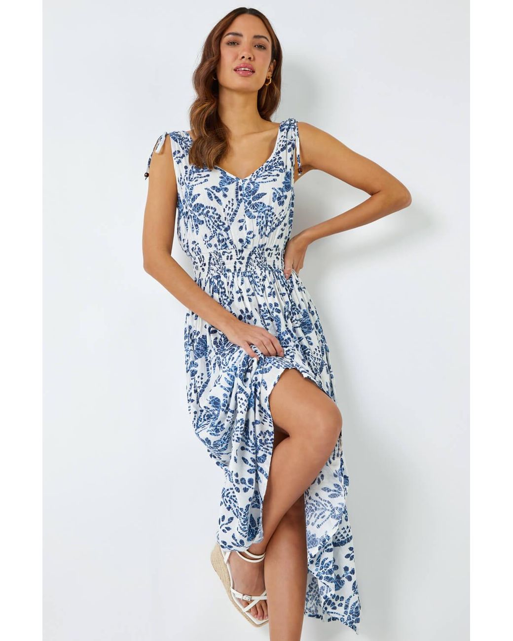 Roman Blue Floral Print Shirred Waist Maxi Dress