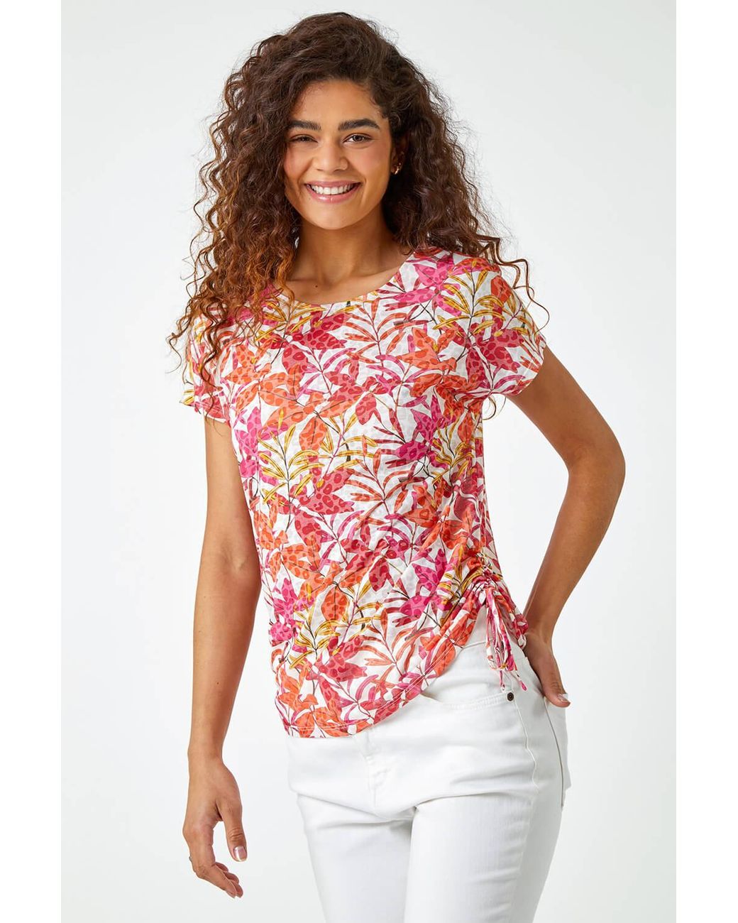 Roman Red Leaf Print Side Tie Stretch Top