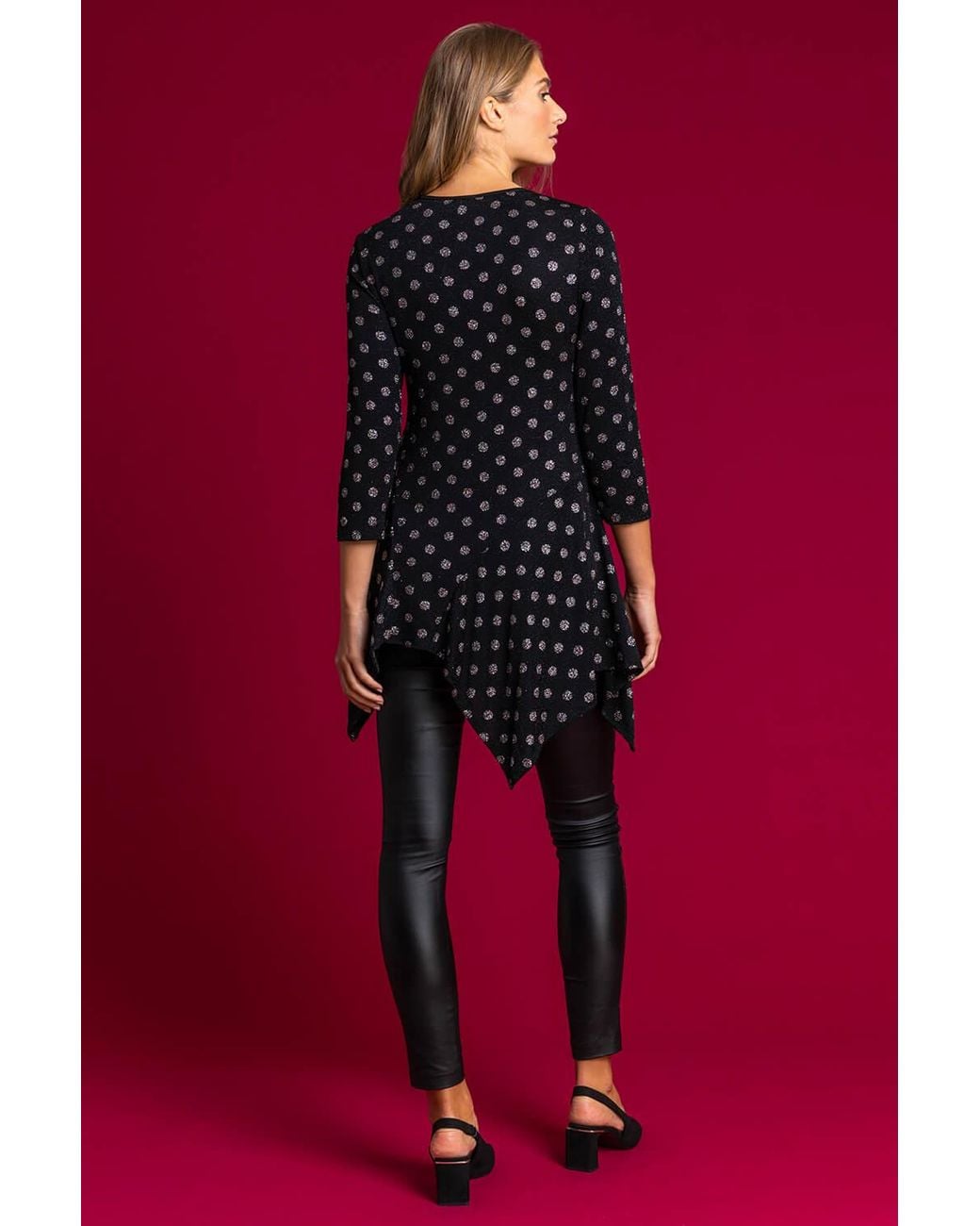 Roman Metallic Shimmer Spot Hanky Hem Tunic Top