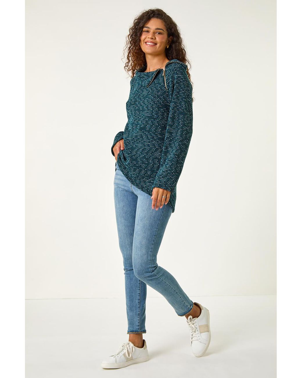 Roman Blue Printed Side Split Zip Stretch Top
