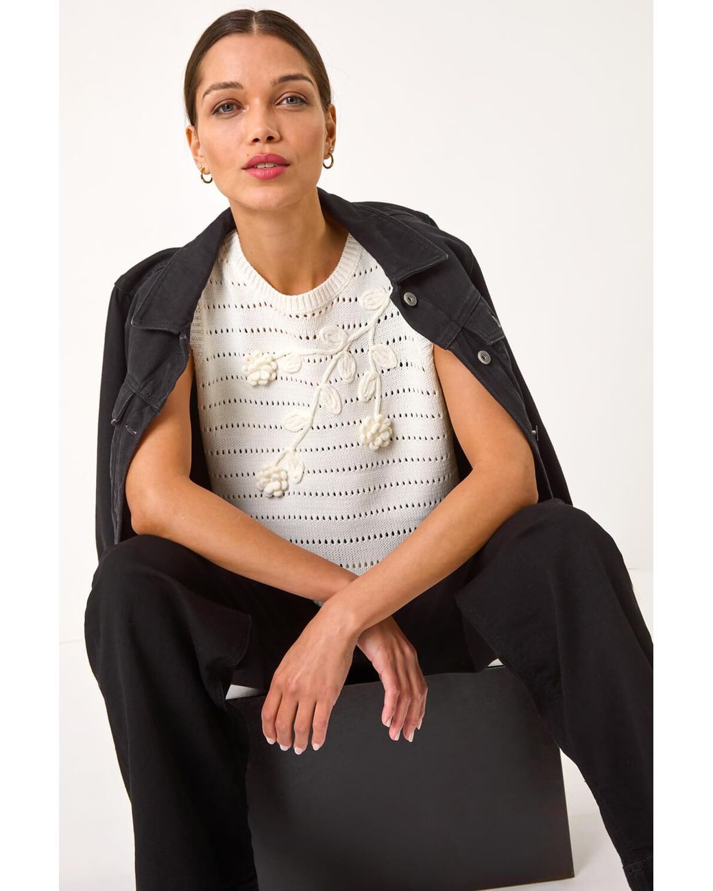 Roman White Floral Knit Top