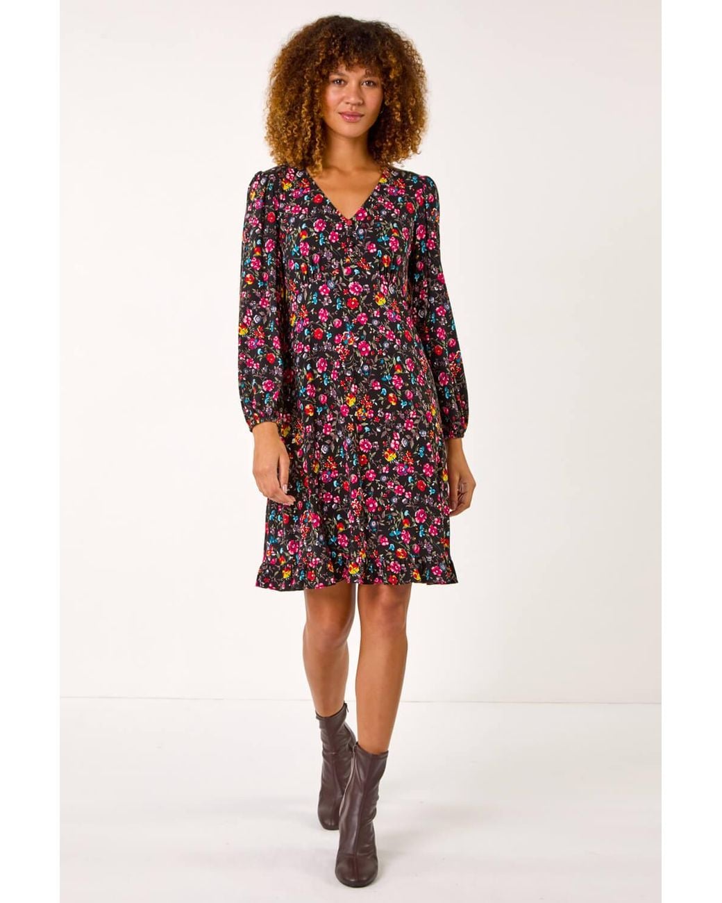 Roman Red Floral Print Short Frill Stretch Dress
