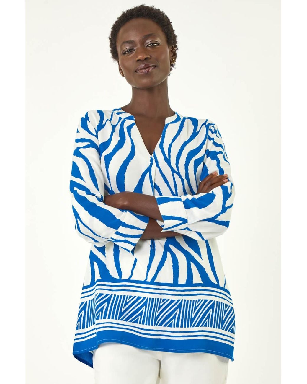Roman Blue Abstract Print Border Pleat Top