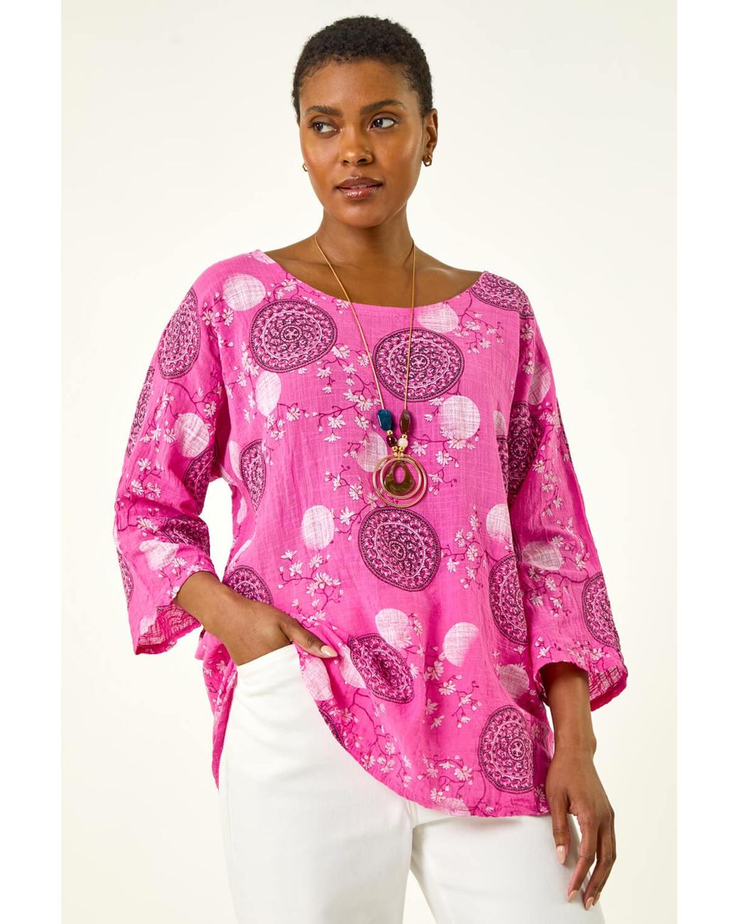 Roman Pink Floral Embroidered Cotton Top With Necklace
