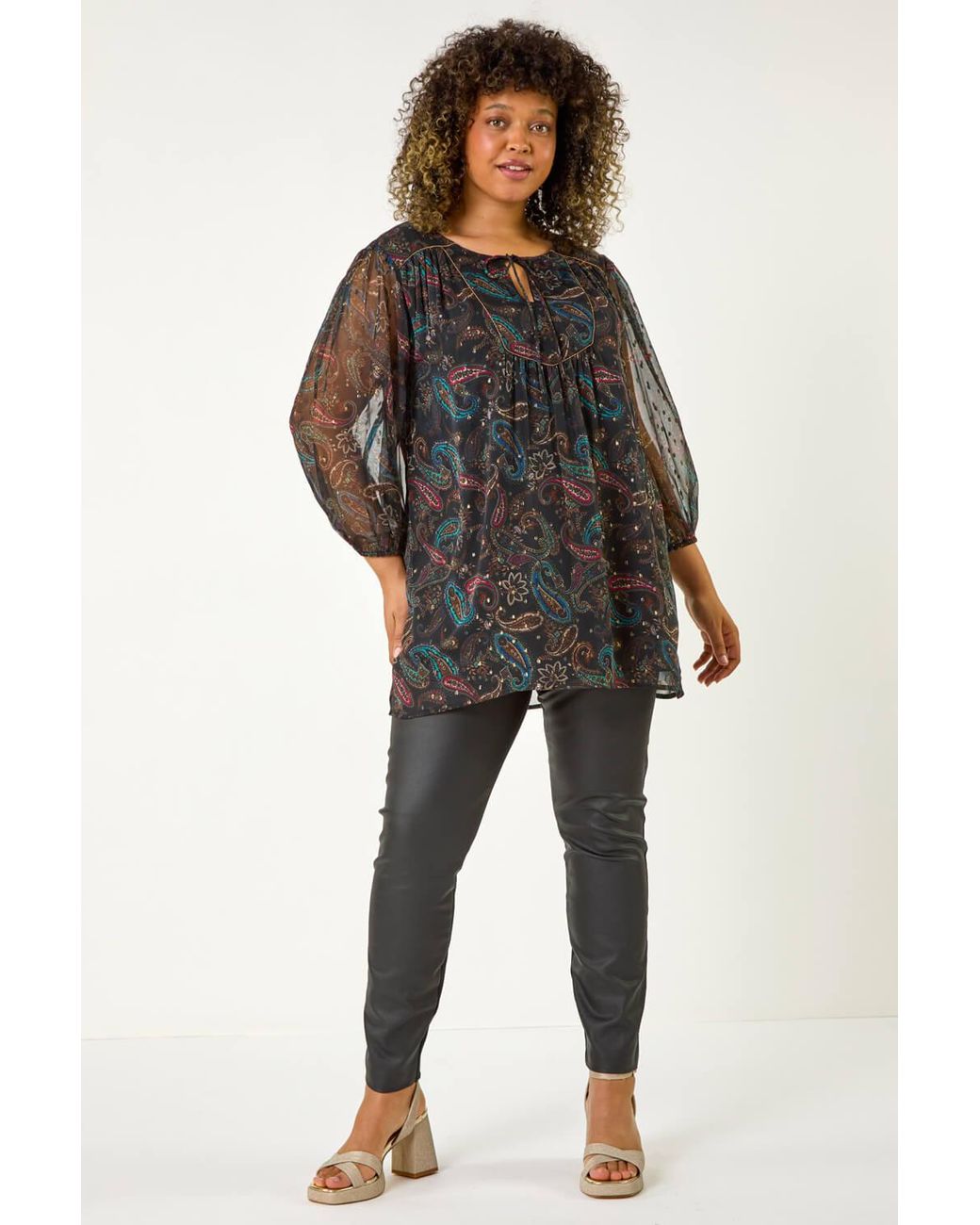 Roman Curve Blue Tie Neck Metallic Top