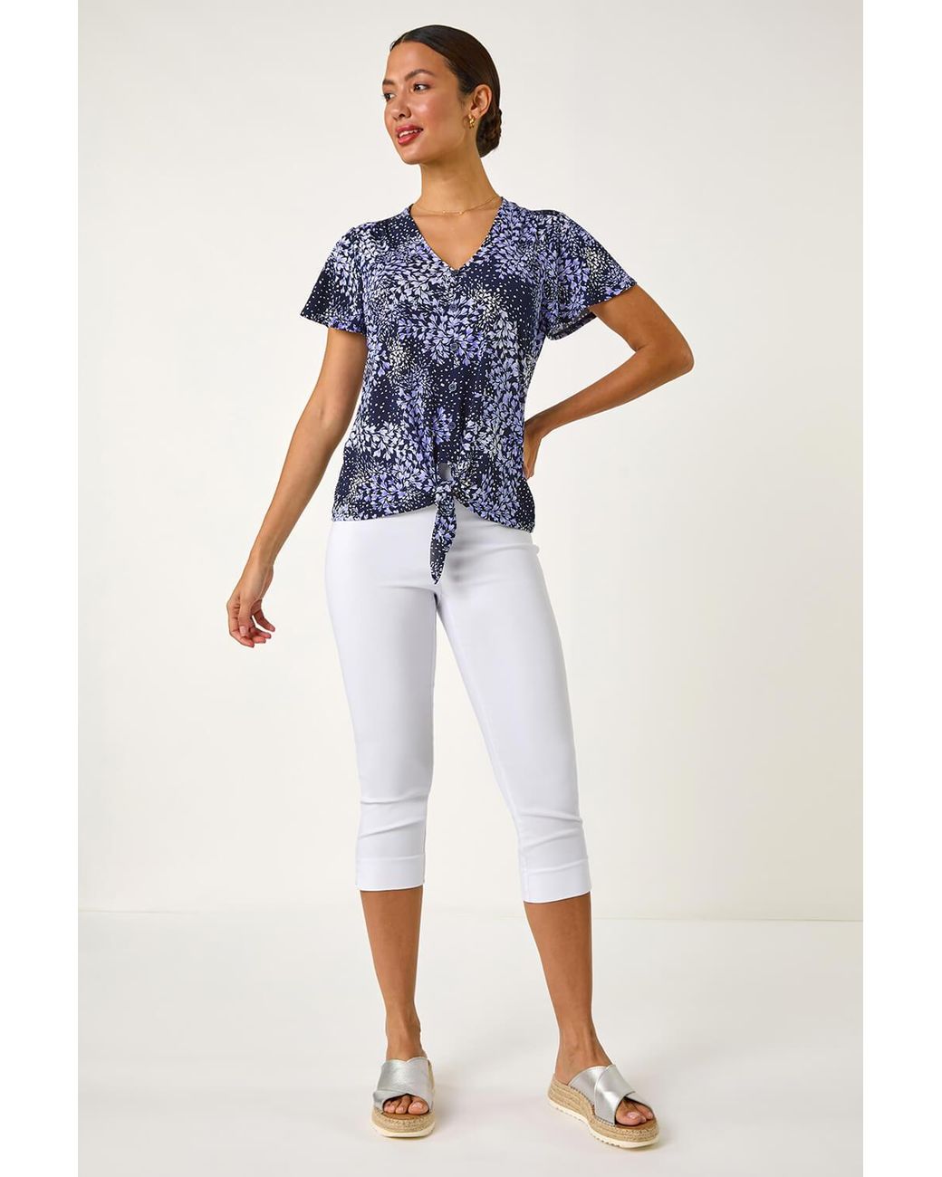 Roman Blue Floral Print Tie Front Stretch Top