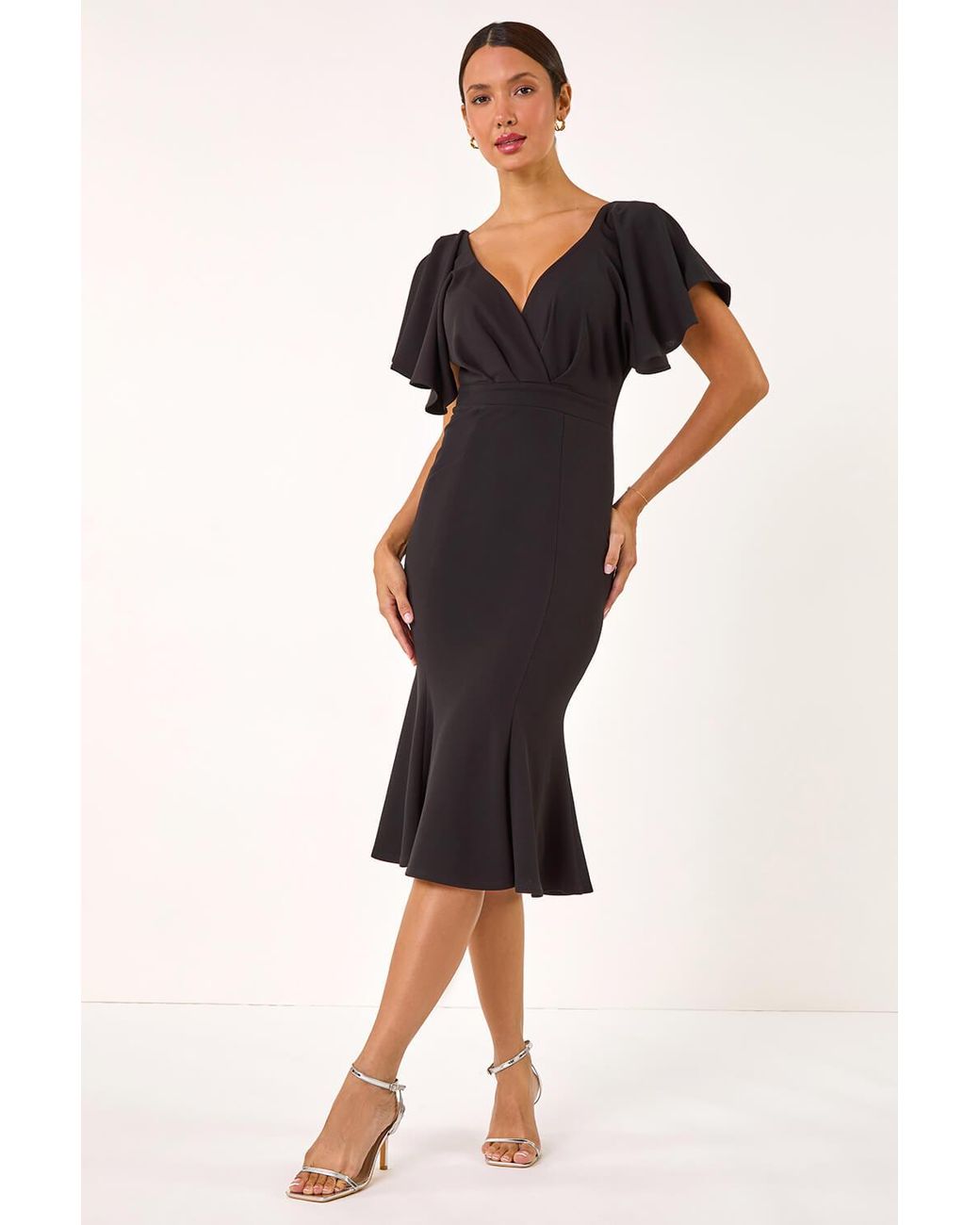 Roman Black Flared Sleeve Front Wrap Stretch Dress