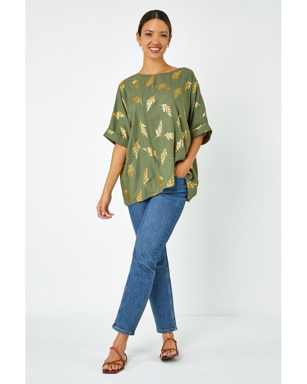 Roman Green Metallic Leaf Print Oversized T-Shirt