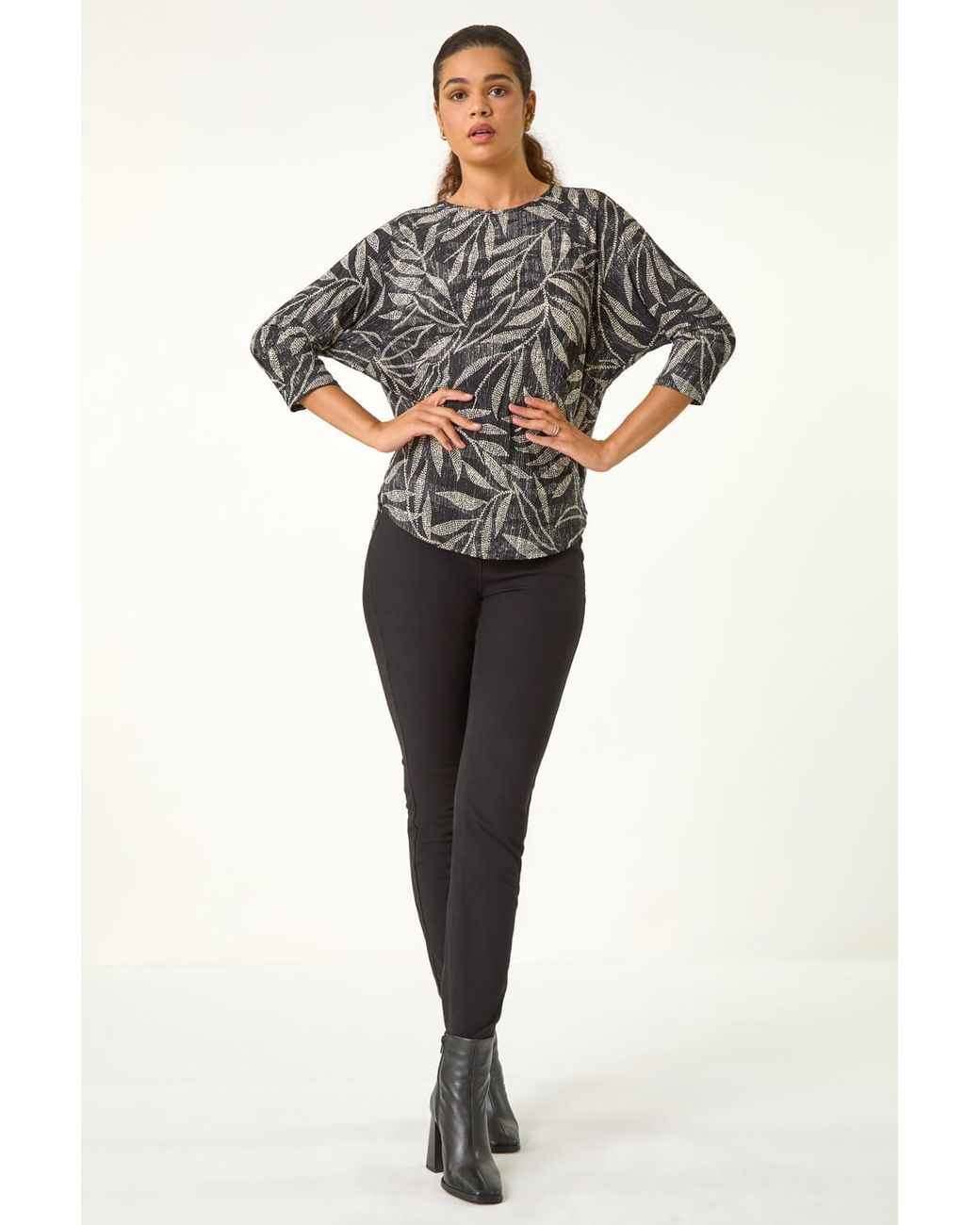 Roman Gray Leaf Print Plisse Stretch Top