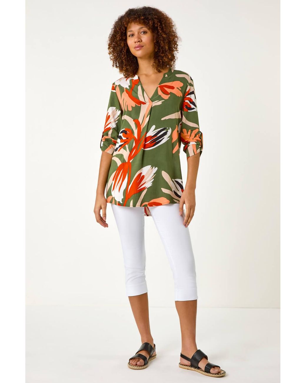 Roman Green Abstract Print Pleat Detail Top