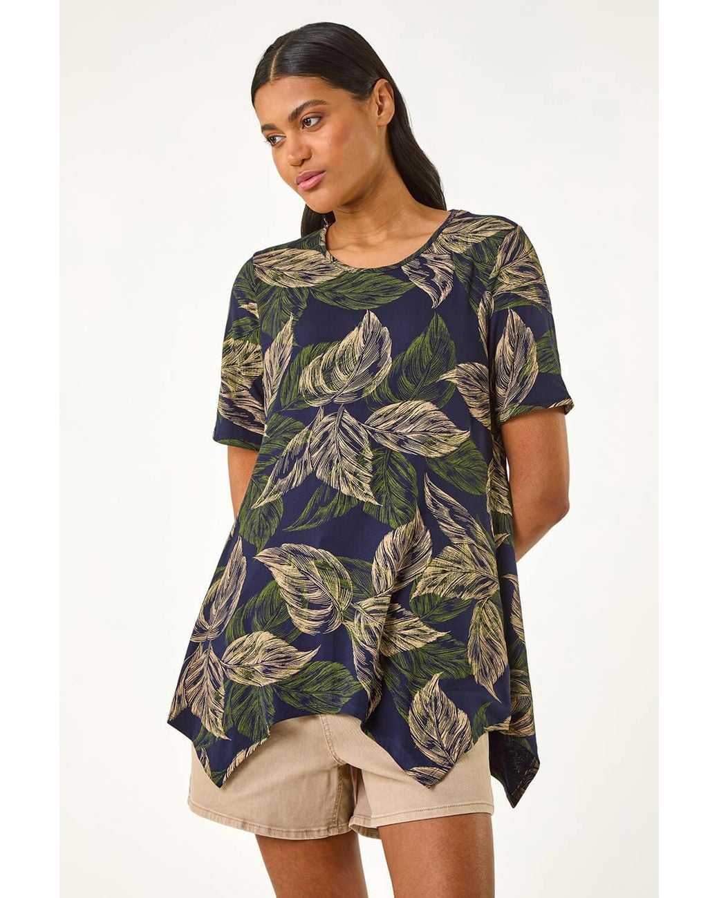 Roman Blue Leaf Print Hanky Hem Tunic Top