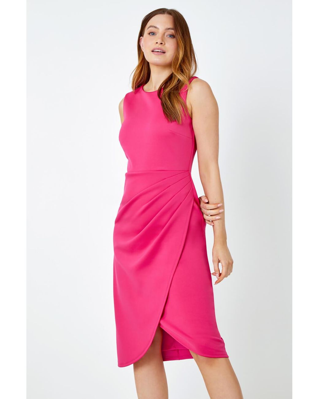 Roman Pink Premium Stretch Gathered Ruched Wrap Dress