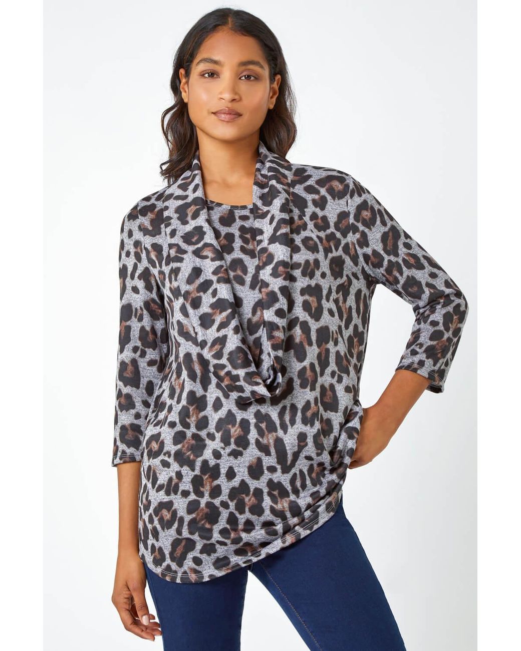 Roman Blue Animal Print Pocket Tunic Top With Snood
