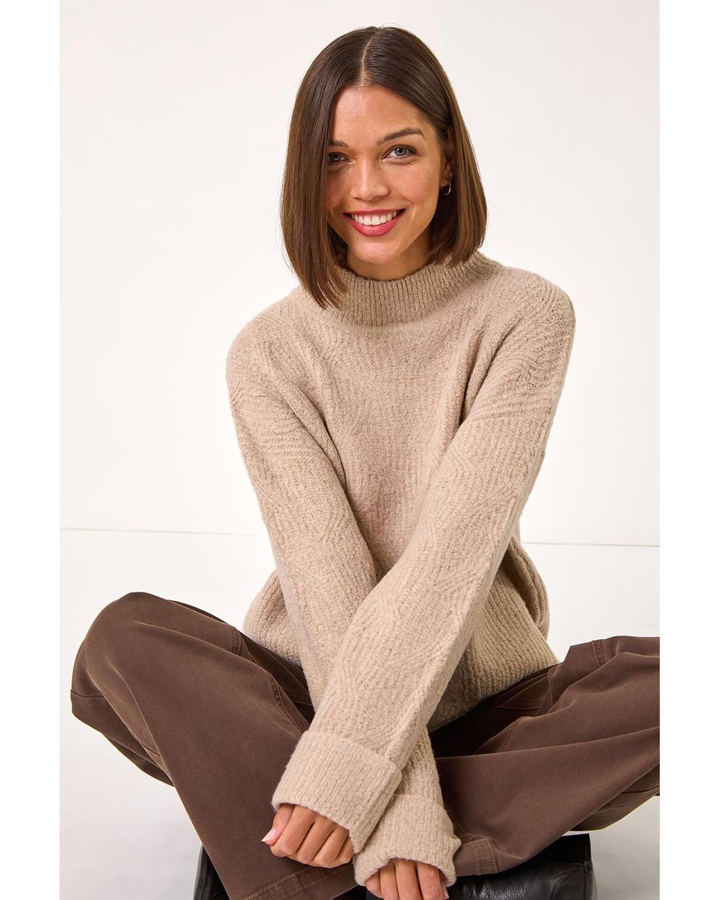 Roman Natural Cable Knit High Neck Jumper