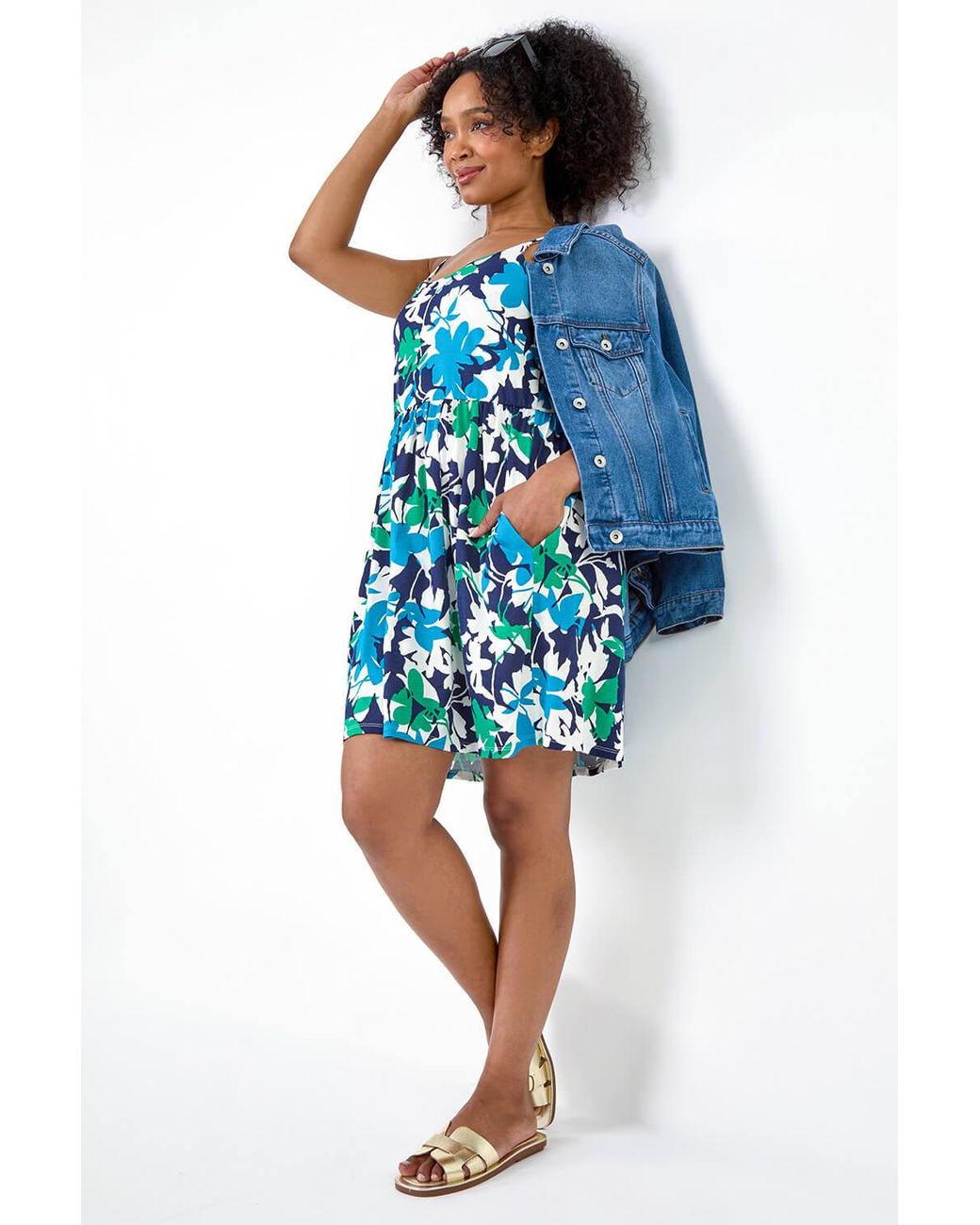 Roman Petite Blue Leaf Print Stretch Pocket Dress