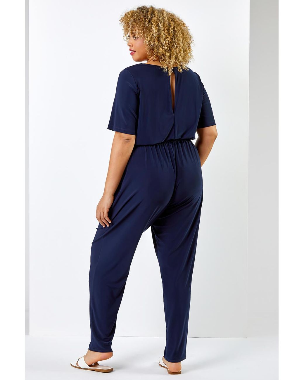 Roman Curve Blue Tie Waist Jersey Jumpsuit