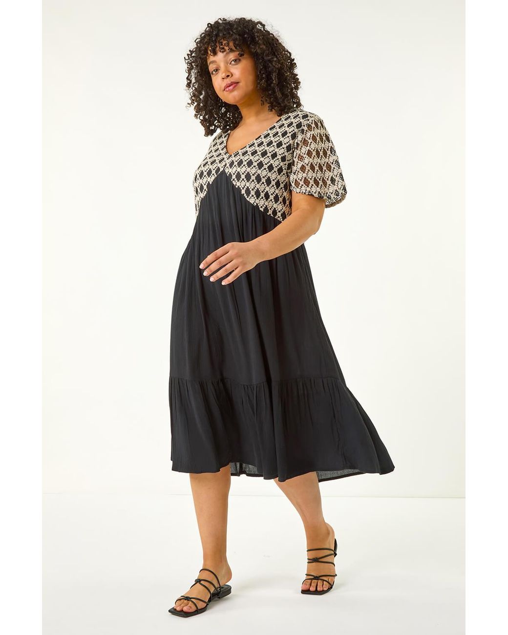 Roman Curve Black Crochet V-Neck Midi Dress