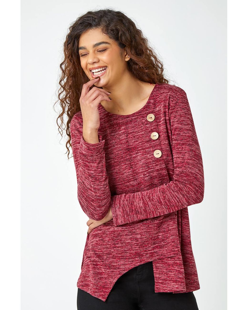 Roman Red Button Stretch Knit Asymmetric Tunic Top