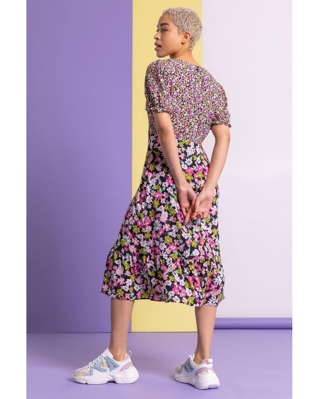 D.u.s.k Pink Contrast Floral Print Tea Dress