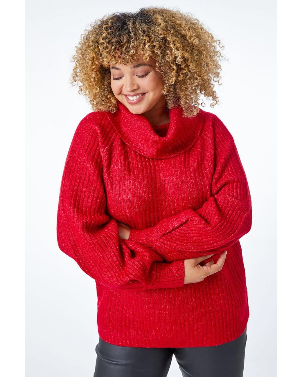 Roman Curve Red Longline Turtle Neck Jumper