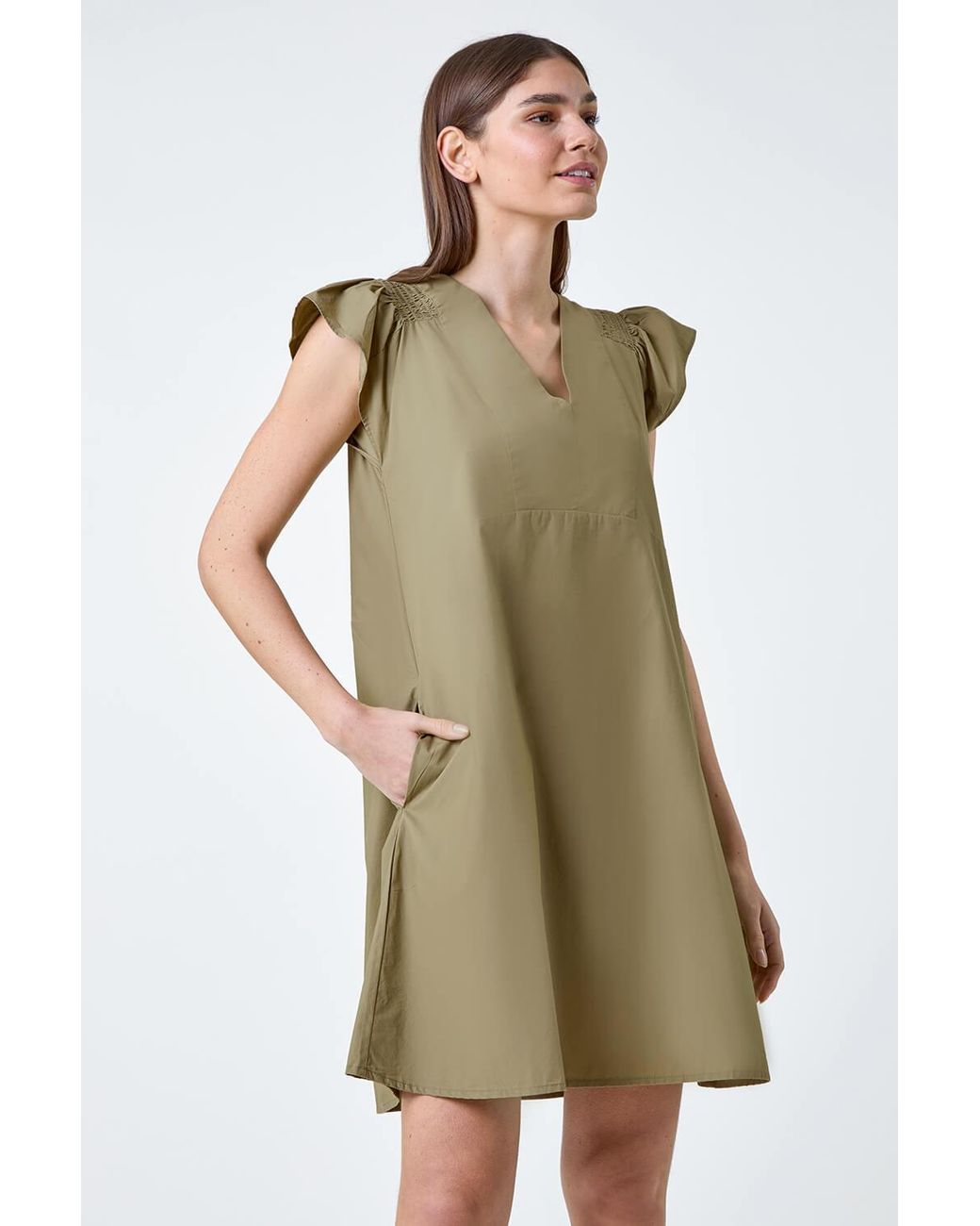 Roman Natural Plain Cotton Frill Sleeve Pocket Dress