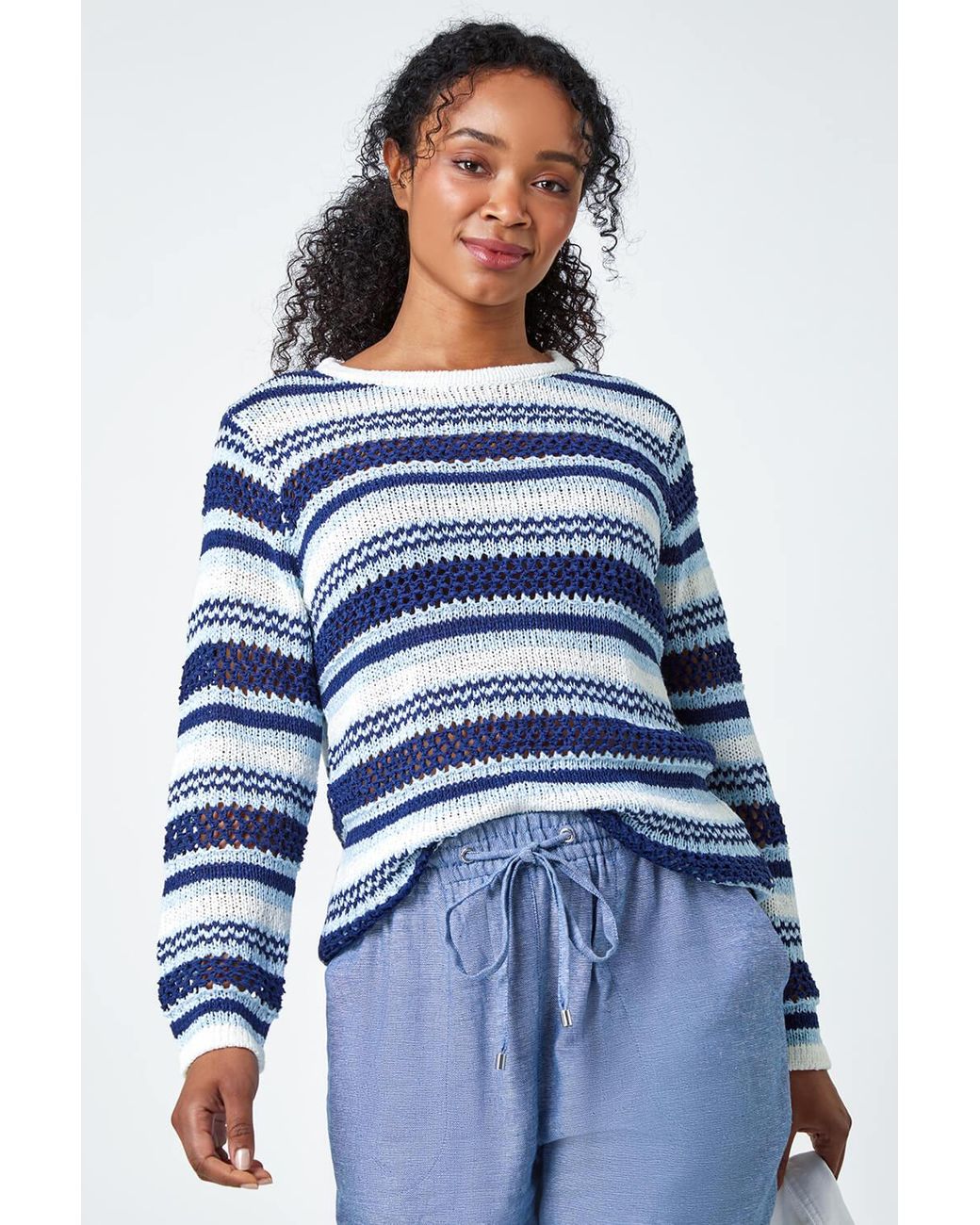 Roman Petite Blue Stripe Print Stretch Knit Jumper